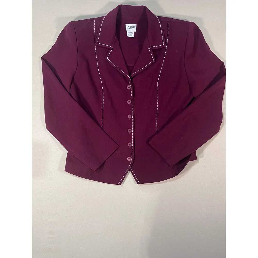 Dorby Womens Burgundy 2 Piece Skirt Suit Contrast Stitch Blazer Midi Skirt Sz 12